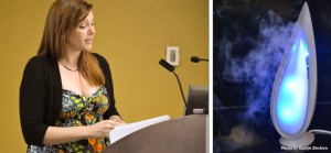 The science of scent: (Left) Shannon Day discusses the importance of essential oils with students and faculty. (Right) Day’s oil diffuser transforms oils into an aromatic vapor.